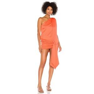 L’Academie One Shoulder Satin Mini Dress in Coral Orange XS NEW